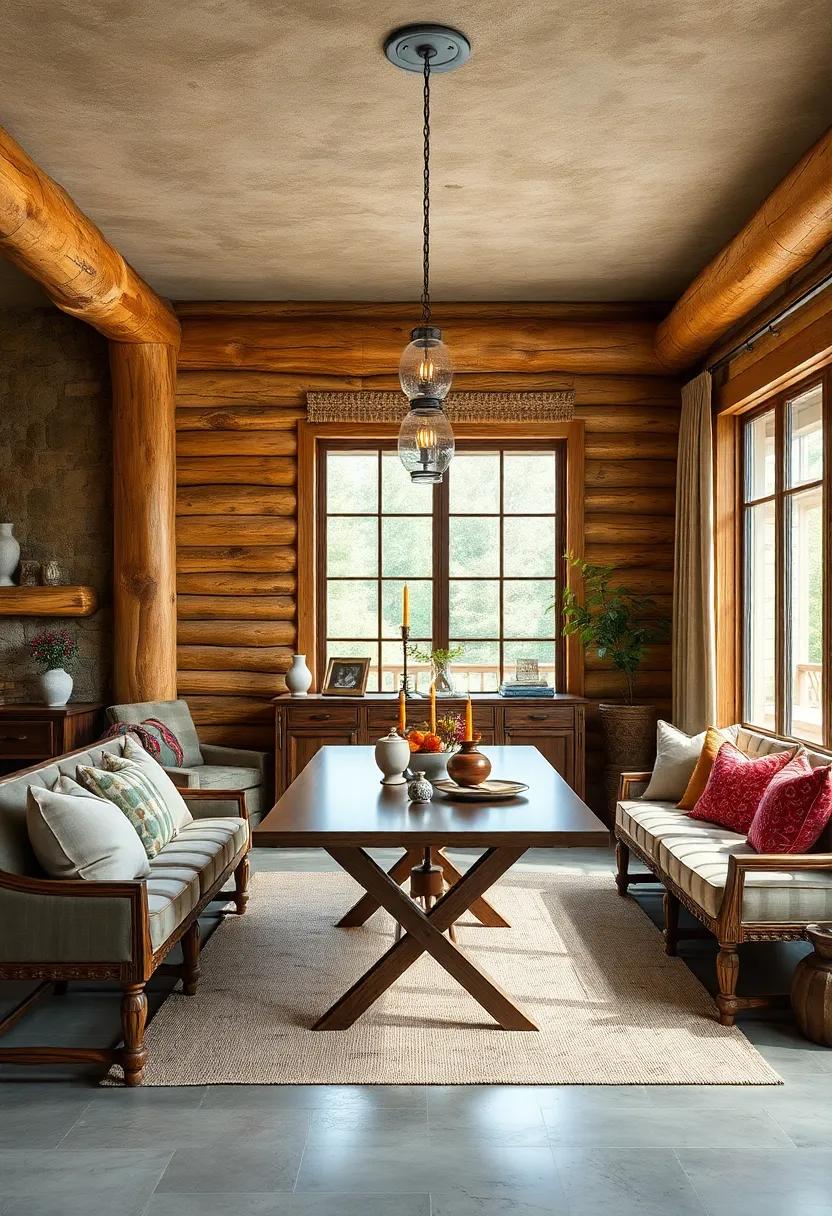 Rustic Cabin: Create a warm and inviting space with log furniture,cozy textiles,and earthy colors that mimic​ a tranquil cabin getaway