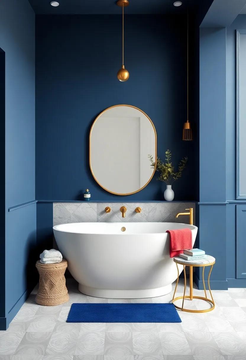Navy Blue and Gold: Add a touch of luxury by juxtaposing deep navy walls with gilded fixtures, making your ‌bathroom ⁢feel both sophisticated and‌ royal