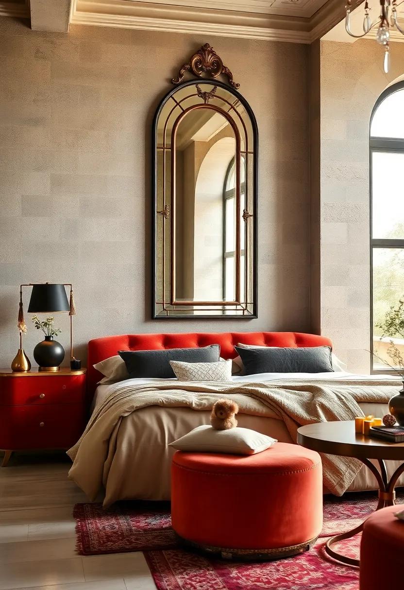 Art deco Dreams: Admire the sleek lines of a vintage Art Deco mirror that perfectly contrasts with rich velvet furnishings in a glamourous bedroom setting