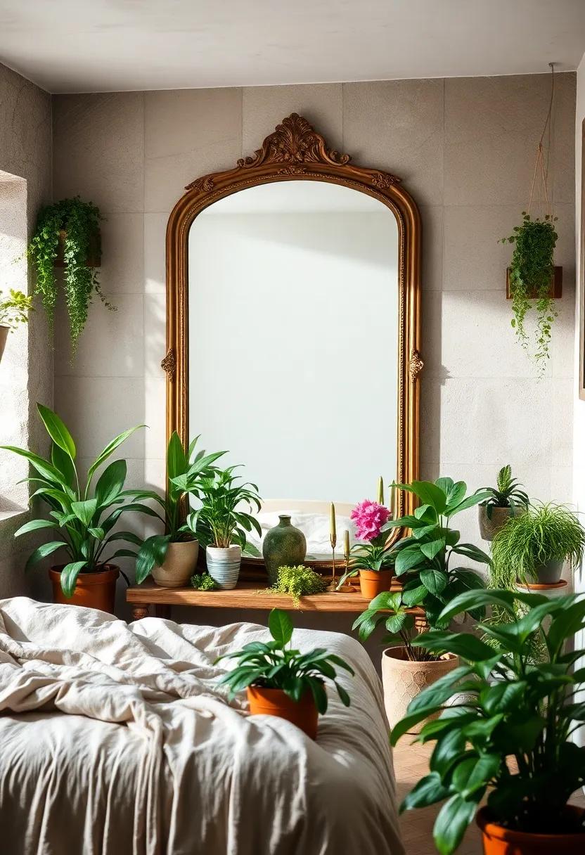 Botanical Bliss: Appreciate how a vintage mirror surrounded by potted plants creates‍ a lush, botanical vibe in a serene ‍bedroom​ filled with natural light