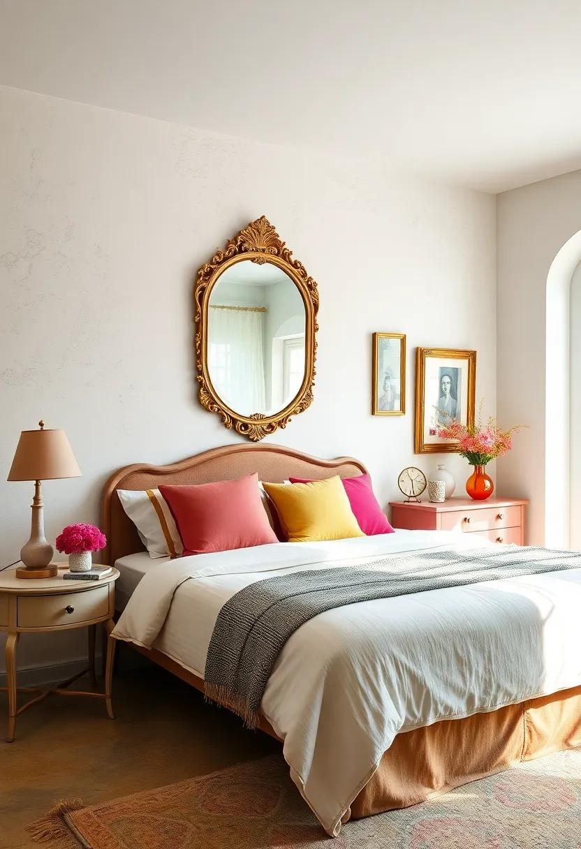 Colorful‍ Whimsy:⁣ Discover a cheerful vintage bedroom bursting with vibrant colors ​and ‌a uniquely shaped antique‍ mirror that adds ‌character and charm