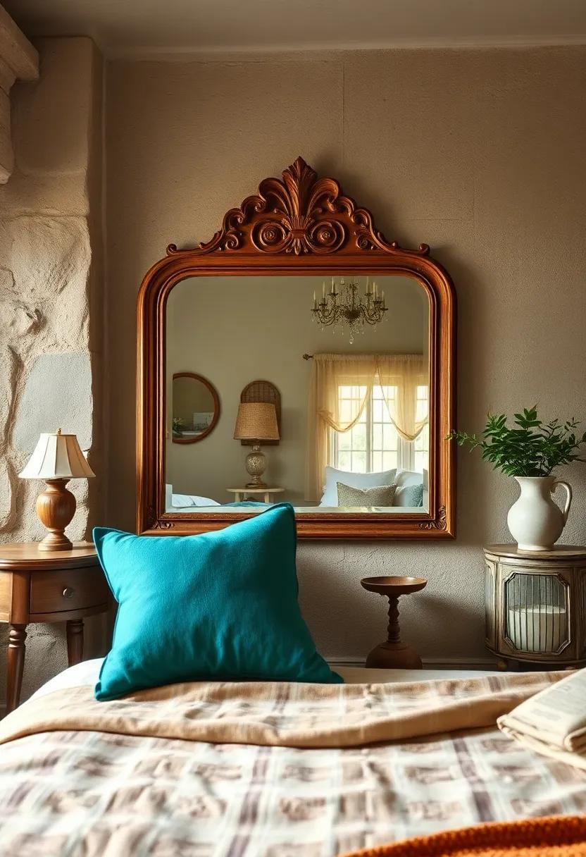 A Cozy ​Retreat: Discover how a carved wooden antique mirror enhances the warmth of a vintage cottage-style bedroom, evoking a⁢ sense of nostalgia