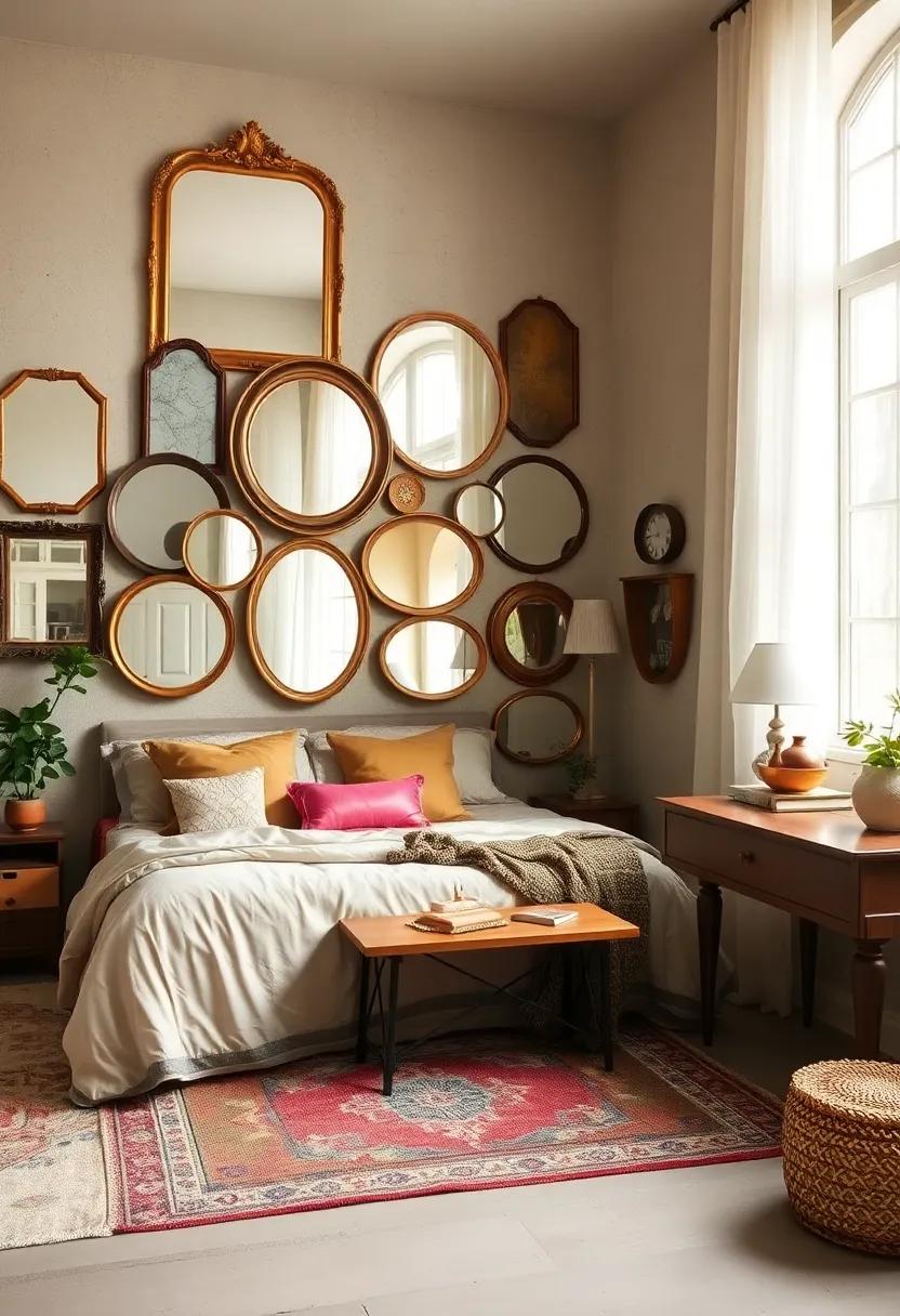 Eclectic‌ fusion: dive into the delightful ‍chaos of a bohemian-inspired bedroom adorned with mismatched antique‍ mirrors that create a playful narrative of reflections