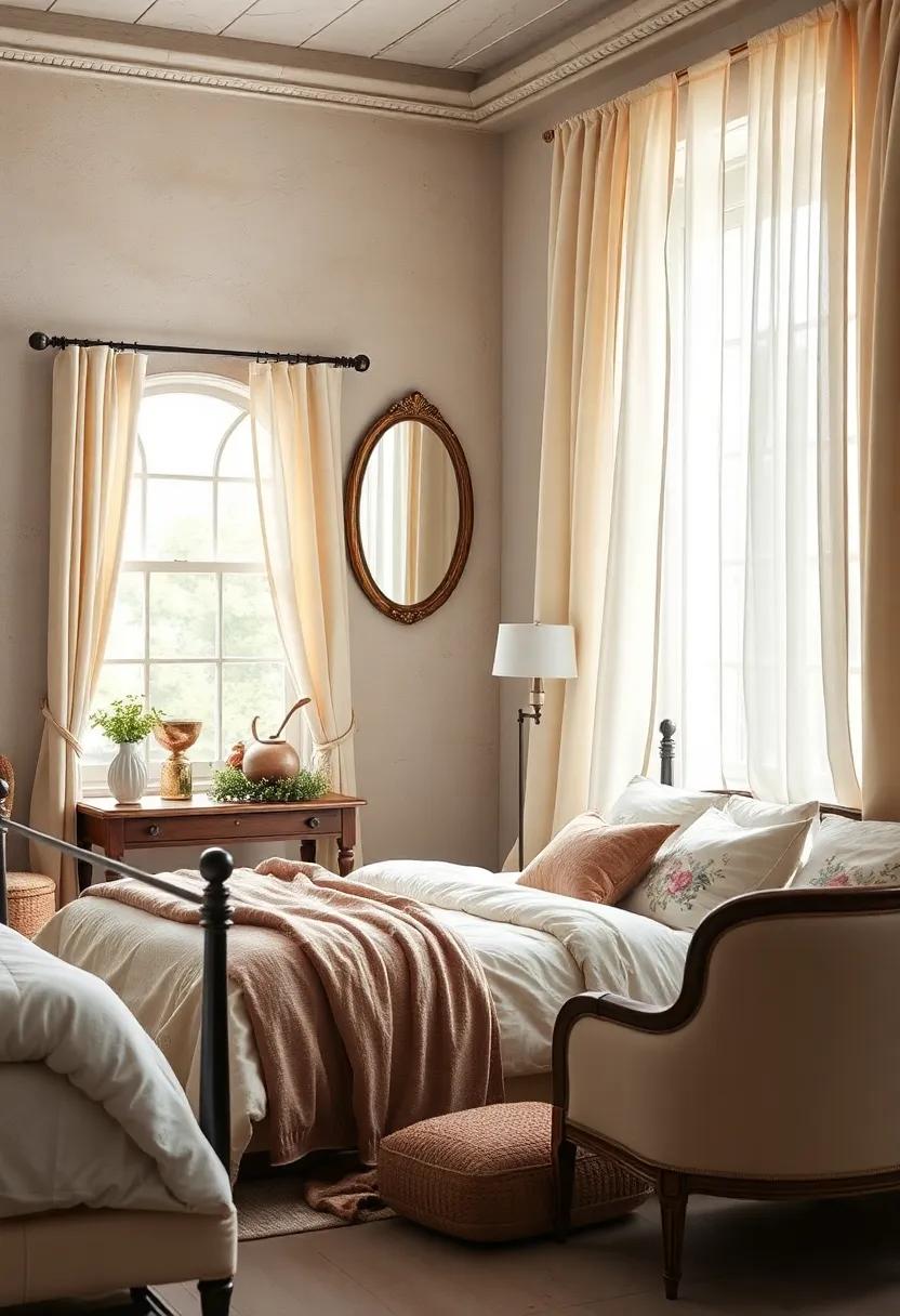French Provincial Charm: Step into a⁣ romantic haven where ⁤a vintage oval mirror with floral embellishments complements the delicate drapery and​ muted color palette