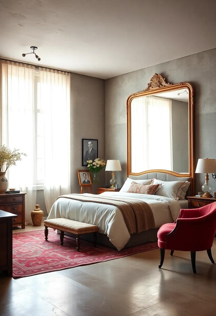 The Grand Illusion: Uncover the charm of a⁣ spacious bedroom featuring an oversized⁣ vintage mirror, which⁤ amplifies light and visually expands the space