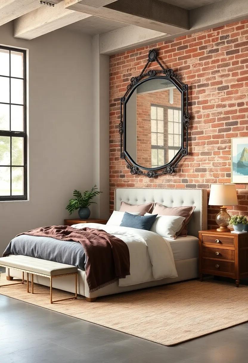 Industrial Chic: Unveil a loft-style bedroom featuring an oversized antique ⁣mirror with ⁤a ⁤distressed⁢ metal frame, juxtaposed​ against exposed brick for an urban edge