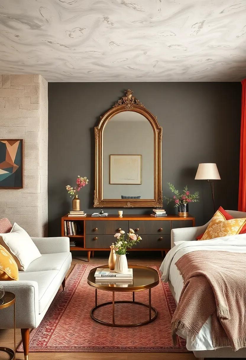 Mid-Century Modern Blend: ‍Explore⁢ a mid-century modern sanctuary featuring an ⁤antique mirror that harmonizes with sleek⁢ furniture and⁤ retro color schemes, bridging eras gracefully