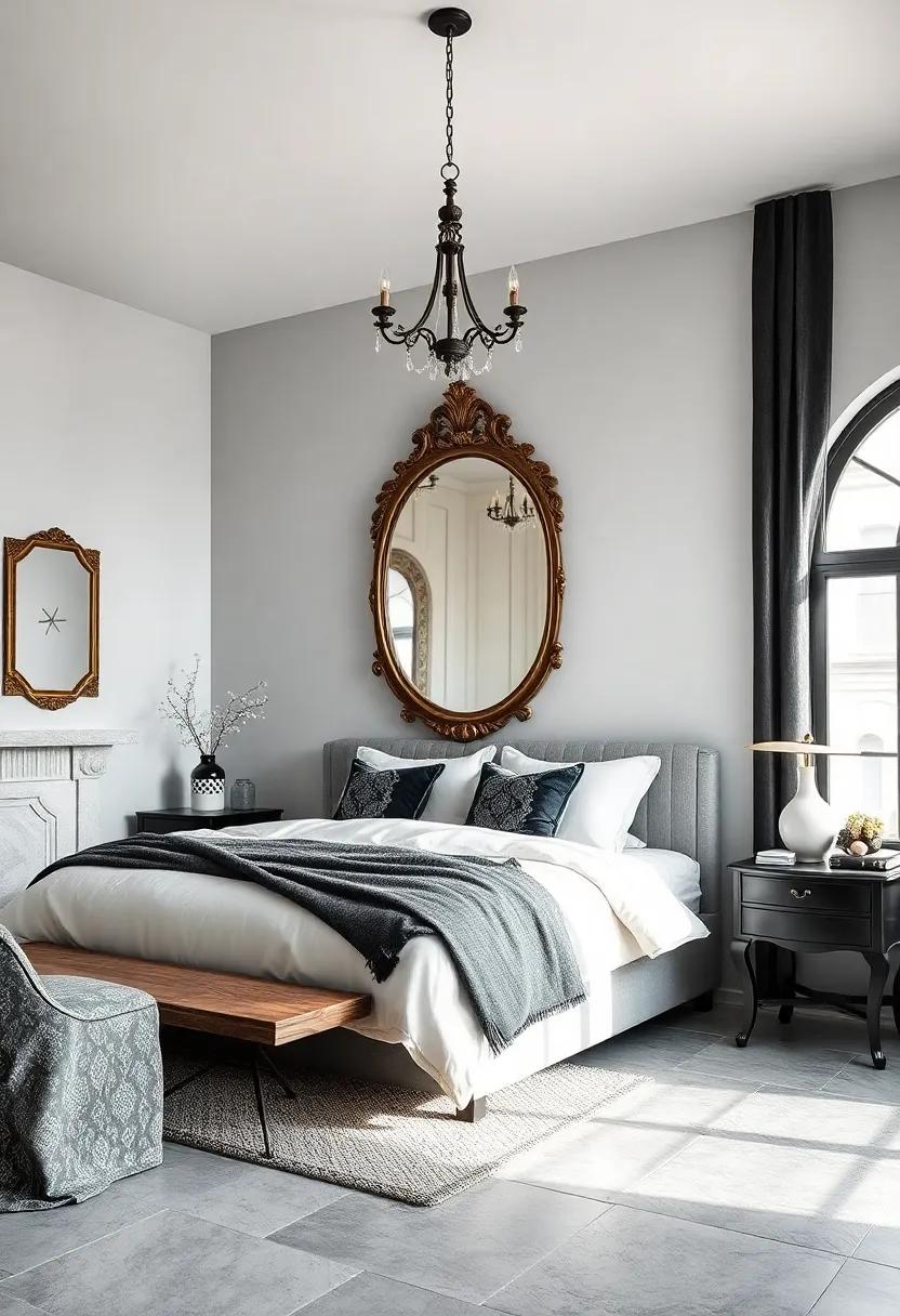 Monochrome Magic: Dive into a black-and-white​ themed bedroom, where a striking ⁤antique mirror offers a breathtaking contrast to the bold palette