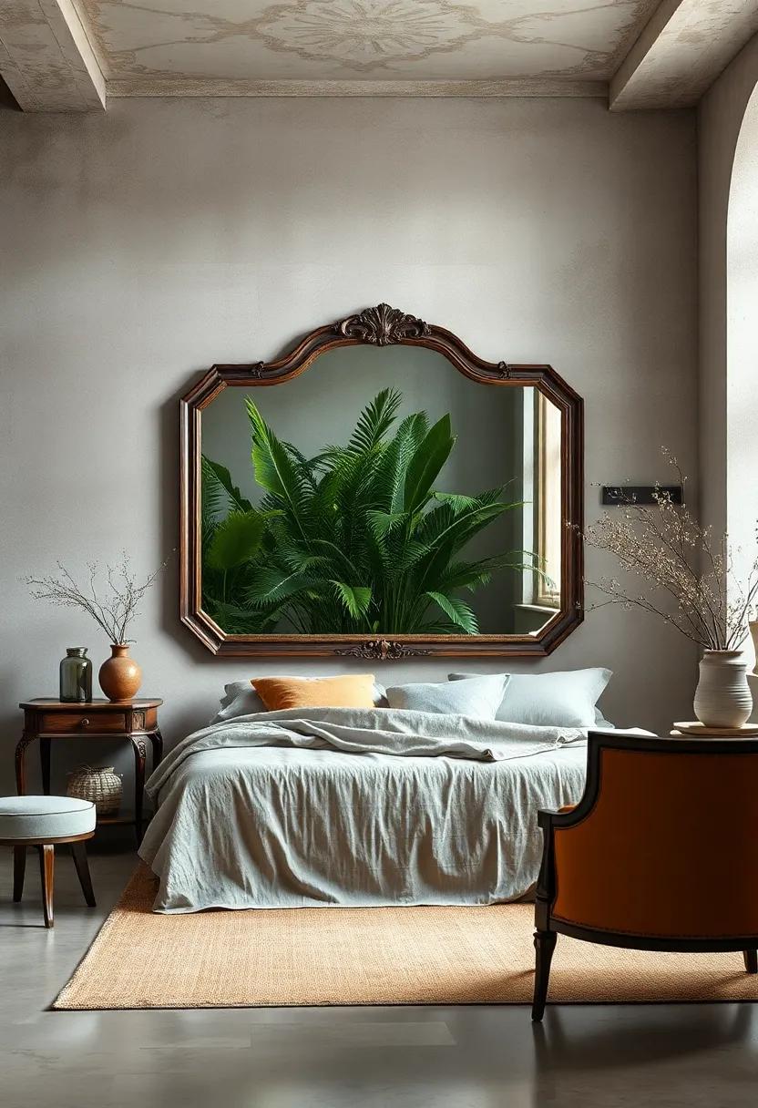 Nature’s⁣ Reflections: Explore a nature-themed bedroom where a large antique mirror framed in branches reflects ​lush greenery, creating an indoor oasis