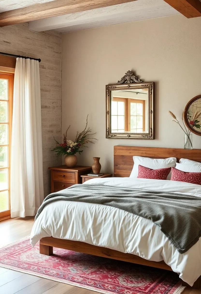Rustic⁢ Romance: Witness the beauty ⁤of​ a⁣ farmhouse bedroom where a⁢ distressed mirror paired with reclaimed wood elements tells the​ story of rustic simplicity