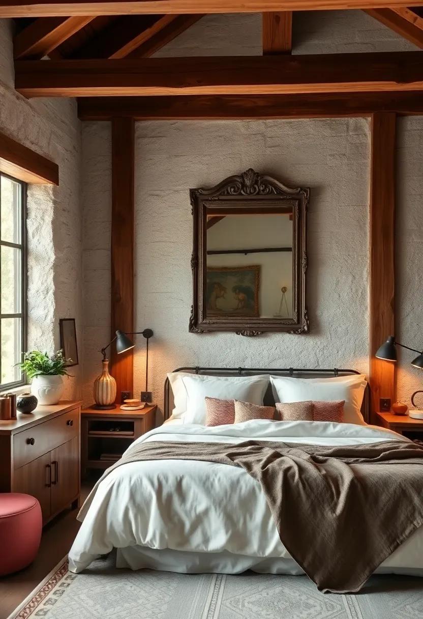 Rustic Elegance: step into a‌ timber-framed bedroom where a beautifully ⁢aged mirror captures the essence of rustic elegance, reflecting the‌ artisanal craftsmanship