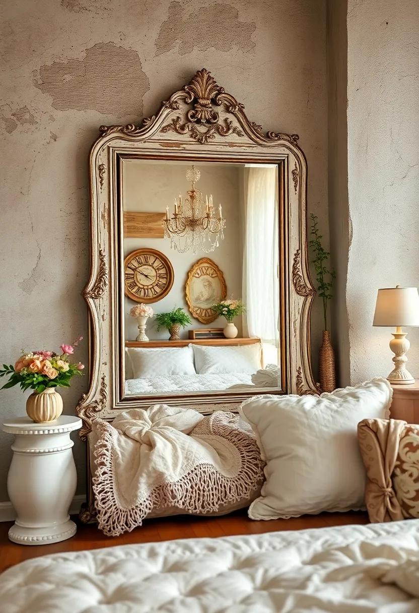 Shabby chic​ Haven: Wander into a shabby chic bedroom where a ​weathered mirror reflects feminine décor, lace textures, and soft hues, ⁢creating a sweet‌ ambiance