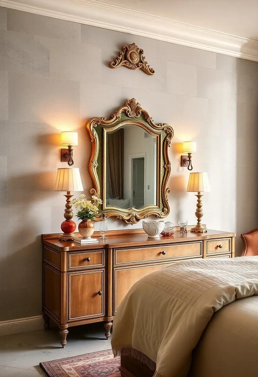 vintage⁤ Glam: Explore a Hollywood Regency bedroom where a shimmering antique ⁤mirror ⁣set above ⁢a sumptuous vanity brings an air of classic glamour