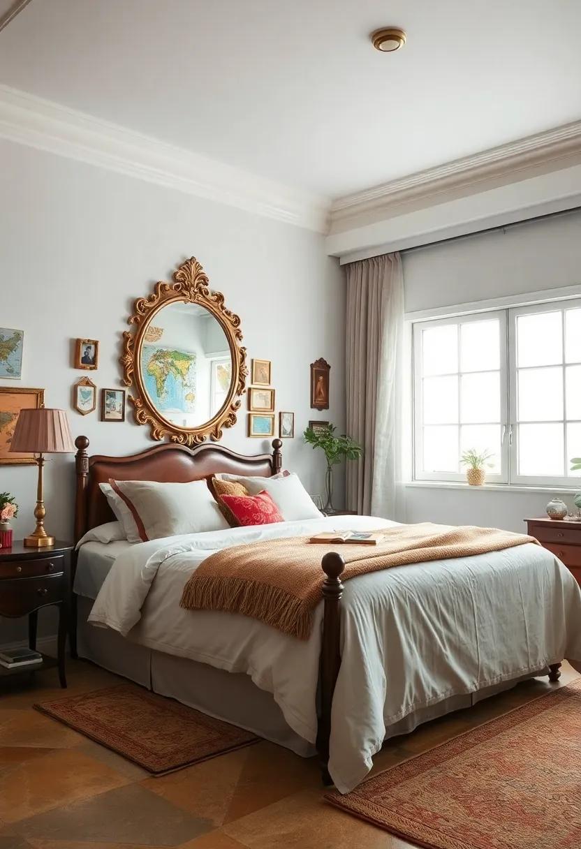 Vintage‍ Traveler: Explore a bedroom​ filled with travel memorabilia ‌and an antique mirror that reflects a‌ globe-trotting spirit through its ornate design