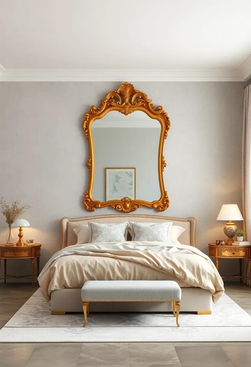 Whispering Elegance: Explore a minimalist bedroom where a gilded rococo mirror ⁣serves as a striking focal point, reflecting soft pastel hues and delicate patterns