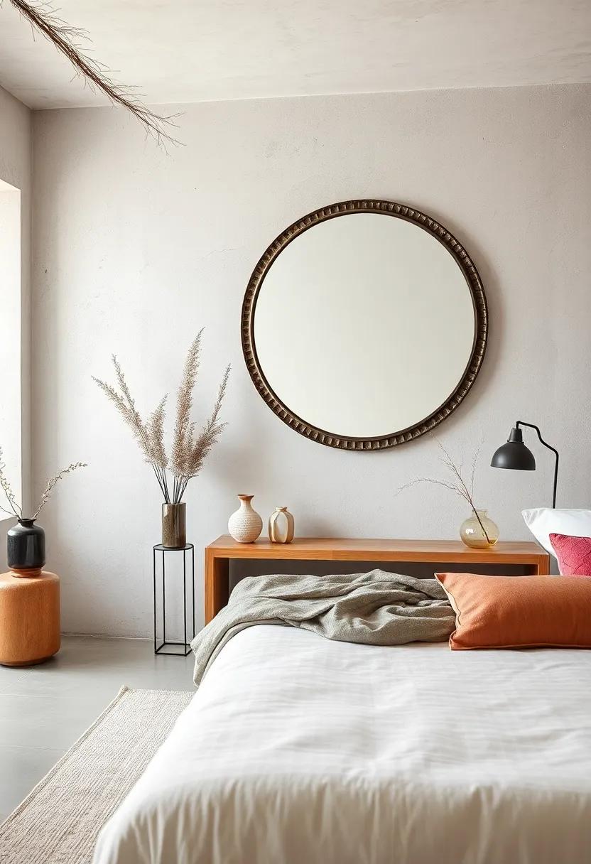 Zen Minimalism: Enter a tranquil bedroom where a circular antique​ mirror⁢ fosters a sense ⁢of peace while emphasizing clean lines and simplicity in⁤ décor