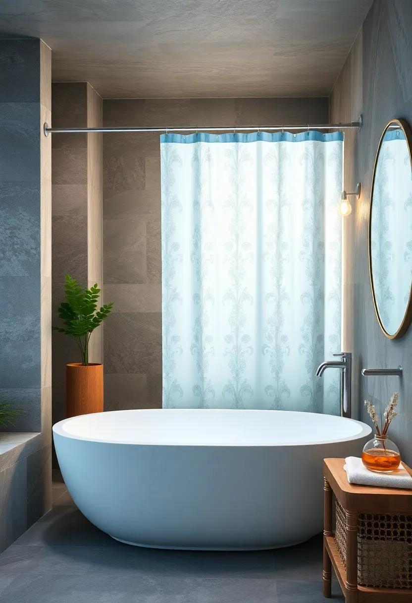 Light Blue Shower Curtain: Opt for a light blue shower curtain with a delicate ‌pattern to add a‌ focal point, offering a visual reminder of calm waters