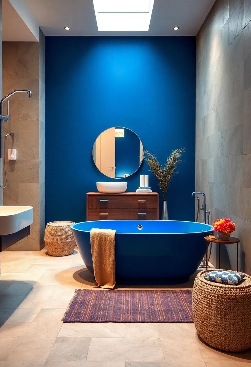 Statement Blue Bathtub: Make a bold statement with a freestanding blue bathtub that becomes the centerpiece of your tranquil retreat