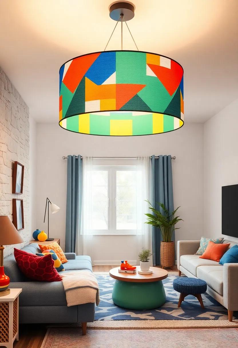 Bright‍ and ⁣Bold: A Colorful Geometric Drum Shade ⁤that bursts⁣ with vibrancy, ‌making a statement in any⁣ playful room