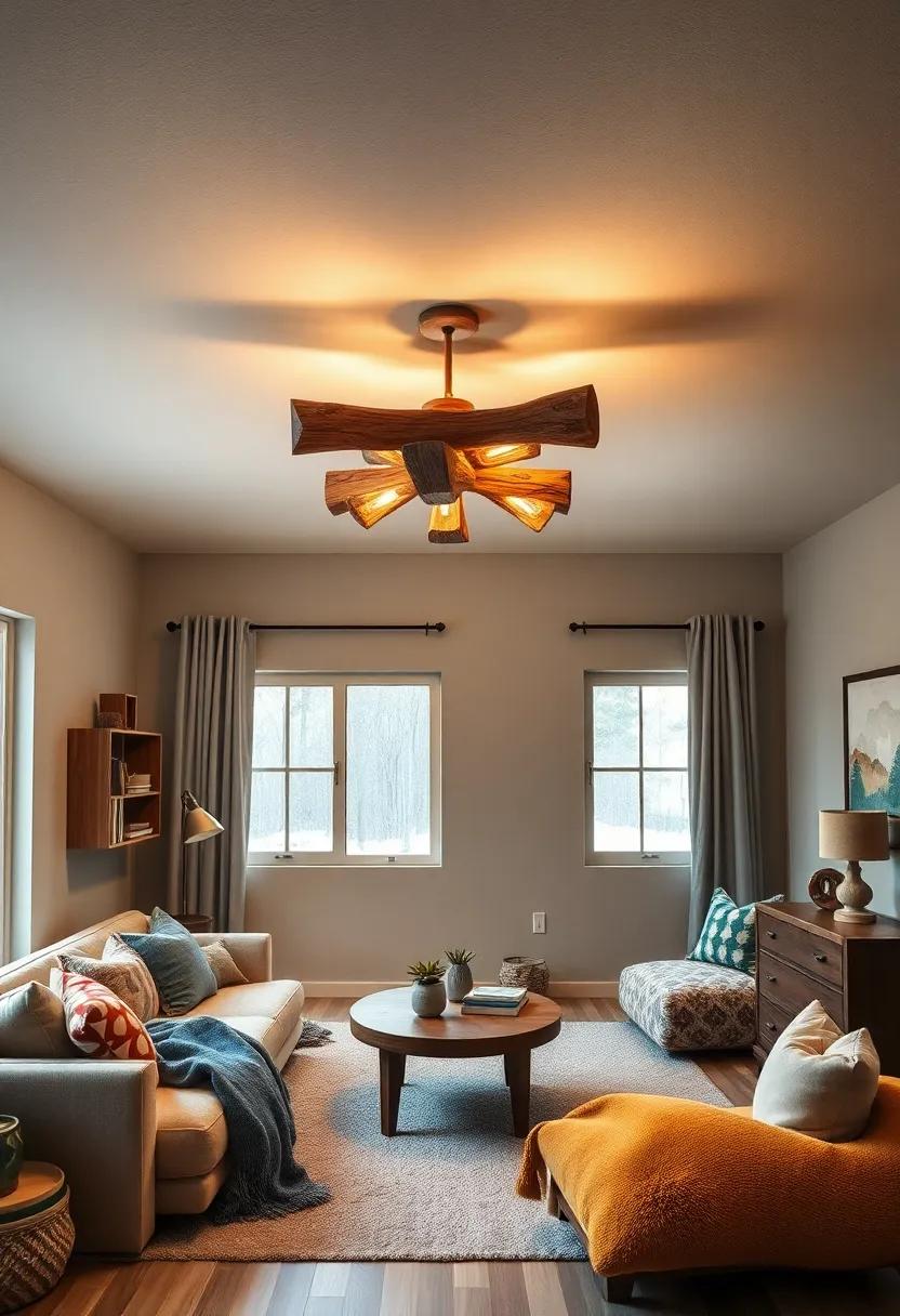 Cozy cabin: A Wooden Log Ceiling ⁣Fixture‍ that provides warmth ‌and charm, inspired by‍ rustic camping ‍adventures