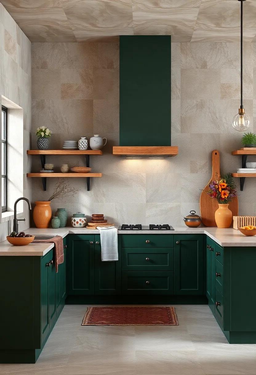 Artisan Pottery: Incorporate artisan pottery to ‌complement dark green cabinets, showcasing handcrafted beauty that elevates the rustic feel