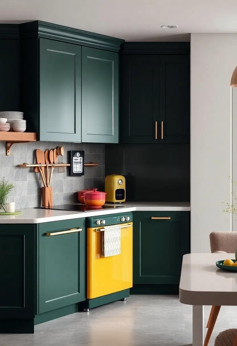 Colorful​ appliances: Introduce retro or colorful kitchen appliances to create a playful vibe that elevates the ⁣dark green cabinetry