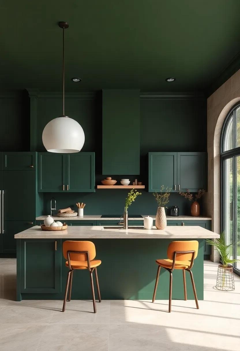 Dark Green Painted ​Ceiling: Take the⁢ boldness to the next‌ level by painting the⁣ ceiling dark green, creating a ​cohesive and ⁢enveloping‍ atmosphere