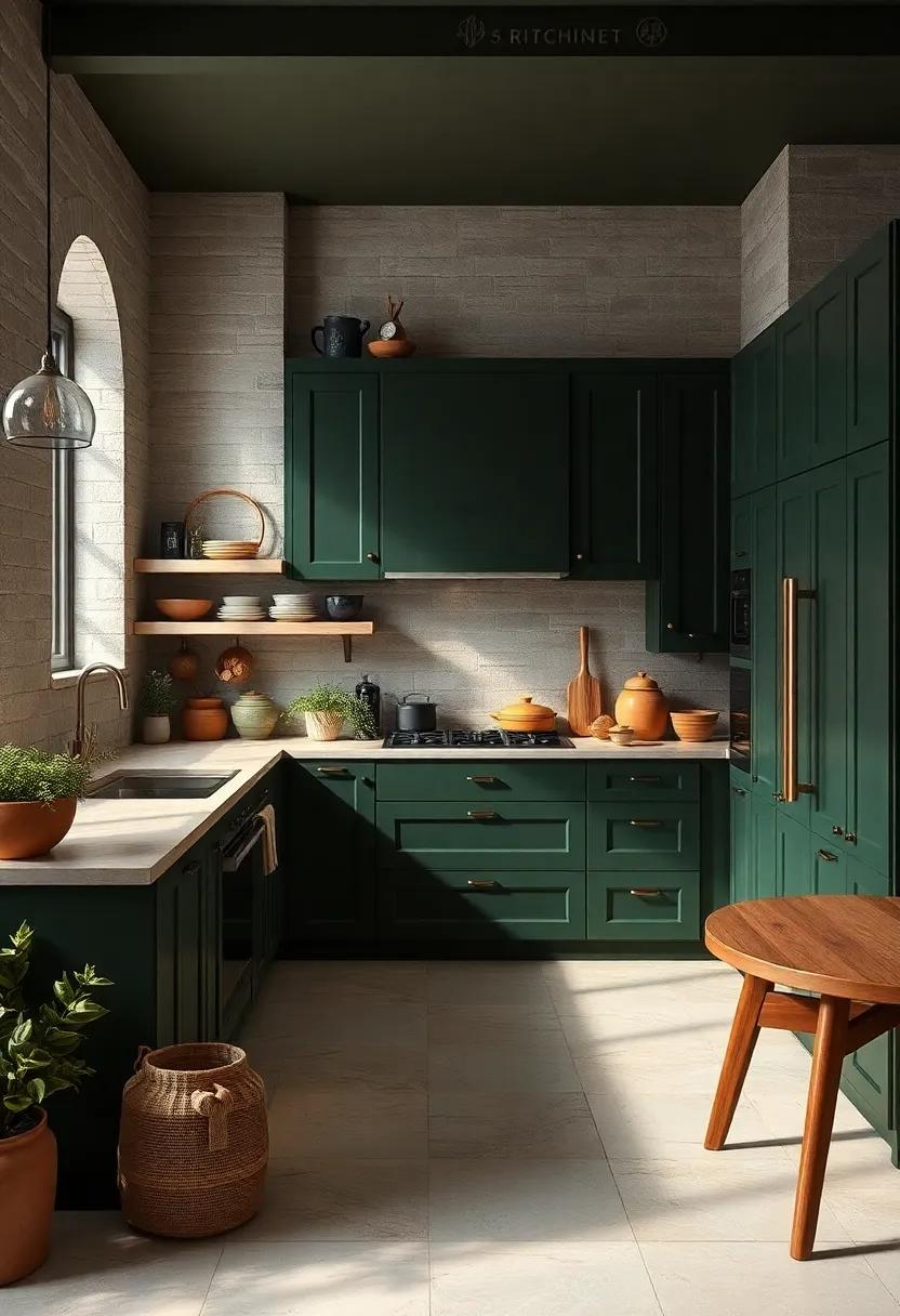 Earthy Tones for Décor: Use neutral or earthy decorative⁢ items like terracotta pots⁤ and natural fibers to ⁣bring warmth to your dark green kitchen
