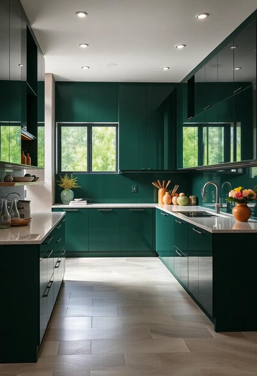 High gloss Finishes: Opt for high gloss finishes that reflect light and create a more spacious feel,⁤ enhancing the beauty of dark green
