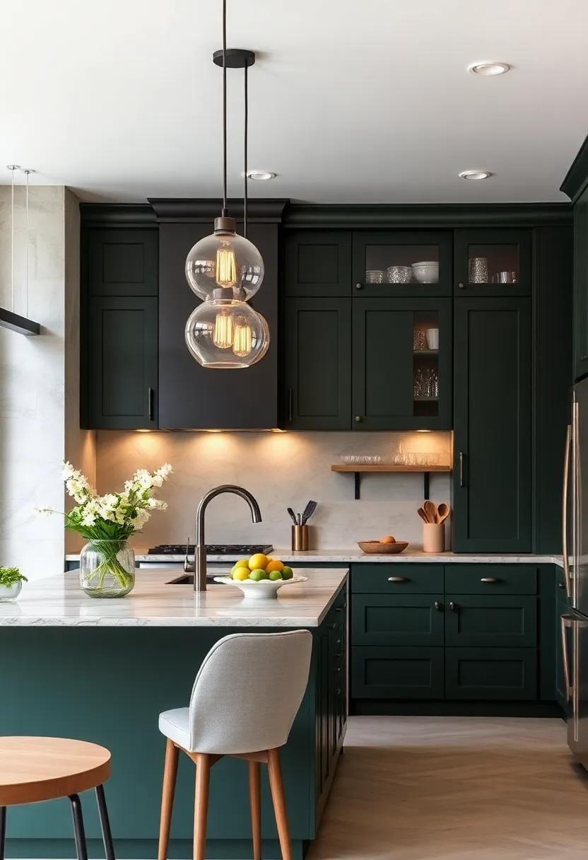 Layered Lighting: Install hanging pendant lights in warm tones to‍ create depth and enhance the richness of your dark green cabinetry