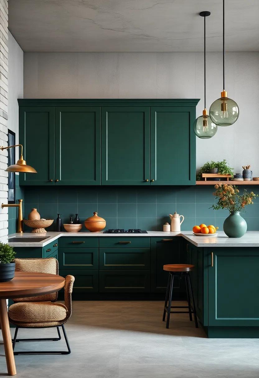 Multi-functional Spaces: Utilize dark green cabinets for a stylish yet practical solution,incorporating clever storage solutions that wow guests