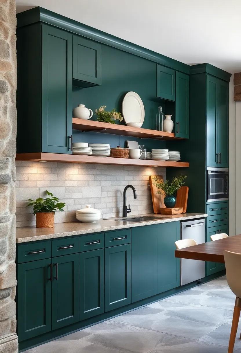 Open Shelving for Display: Use open shelves above dark green ‌cabinets⁢ to showcase gorgeous dishware or curated decor, adding personality ⁢and​ style