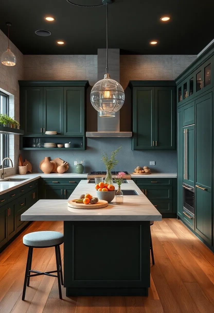 Statement Island: Design a kitchen island ‌in a contrasting⁣ color to create a stunning centerpiece that draws attention to your dark green cabinets