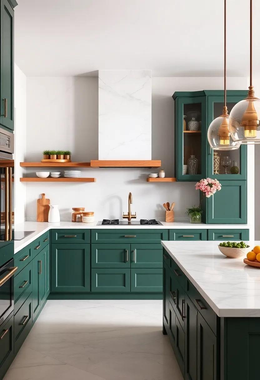 White Marble Countertops for Timeless Contrast: Pair your dark‍ green cabinets ‍with striking white marble countertops to achieve a classic and sophisticated look