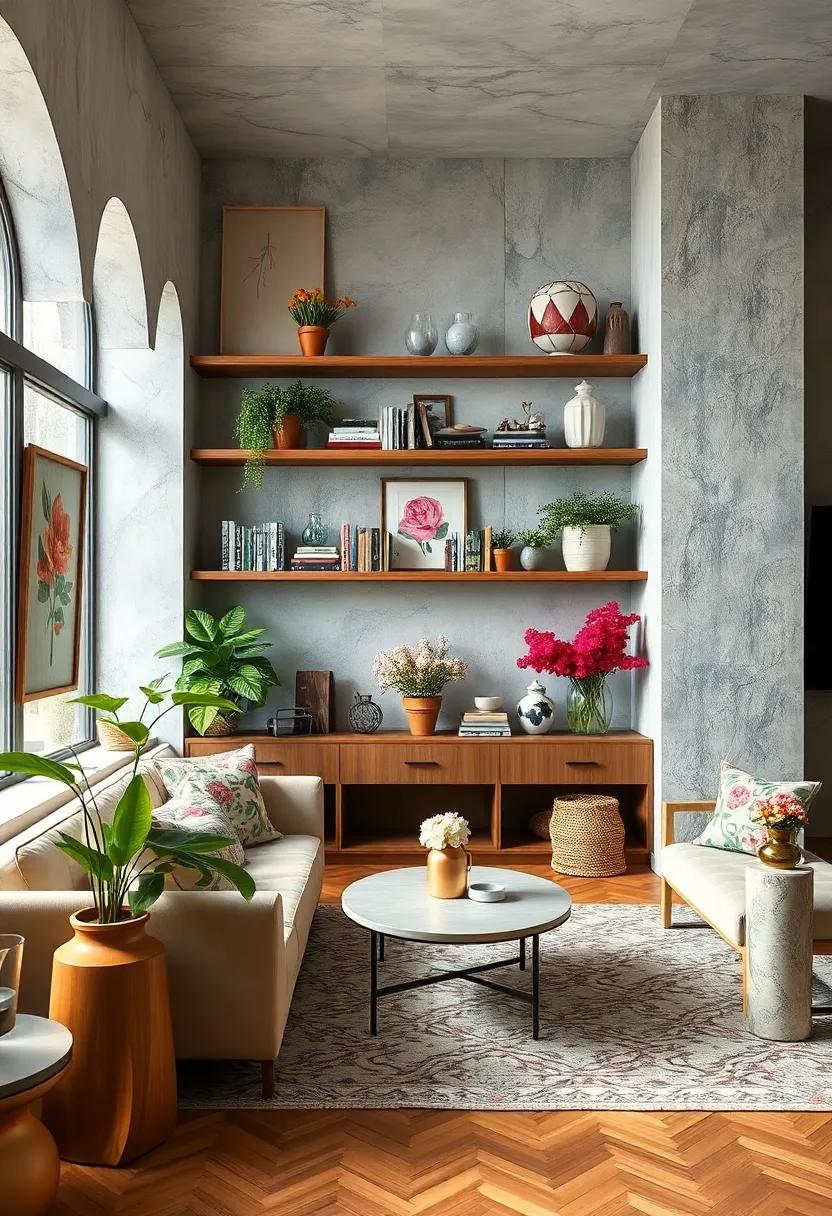 Eclectic Shelving: Arrange⁤ books and⁤ small objects alongside floral decorations on⁣ open shelves for‌ a curated look