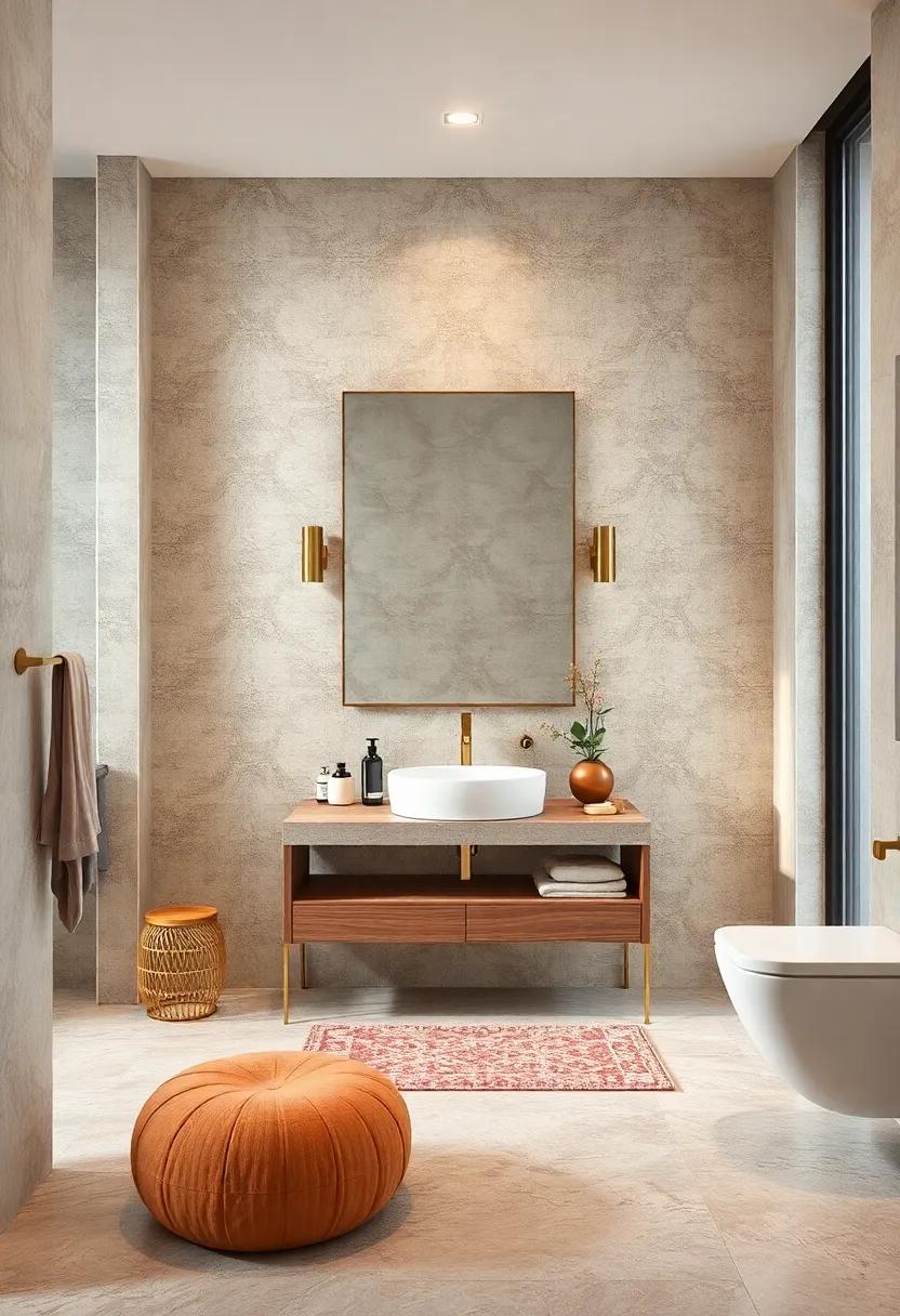 Textured Wallpaper: Use bold, textured wallpaper to create a​ focal point behind the vanity, adding depth and character