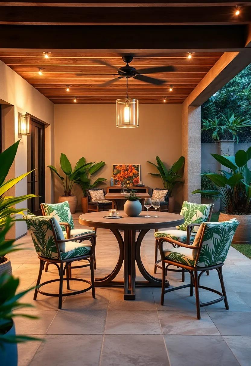 Add a⁤ tropical ​flair with⁤ a bamboo ⁣bar-height table and palm ⁤frond-patterned‍ chairs,transporting you ⁣to an island getaway right in​ your⁢ backyard