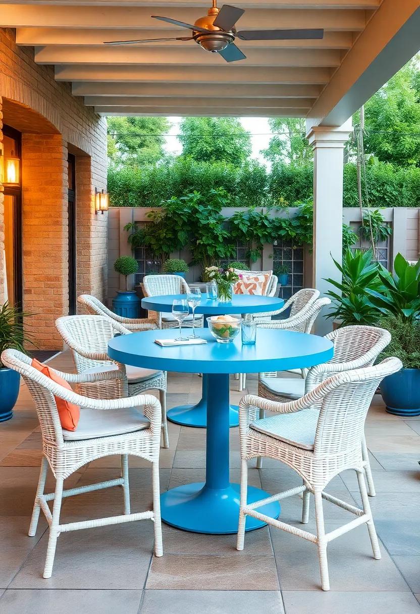 Embrace a ‍coastal‌ vibe with a bright blue bar-height ⁢table paired with white wicker ​chairs, ⁤creating ⁣a breezy‍ retreat ​perfect for summer evenings