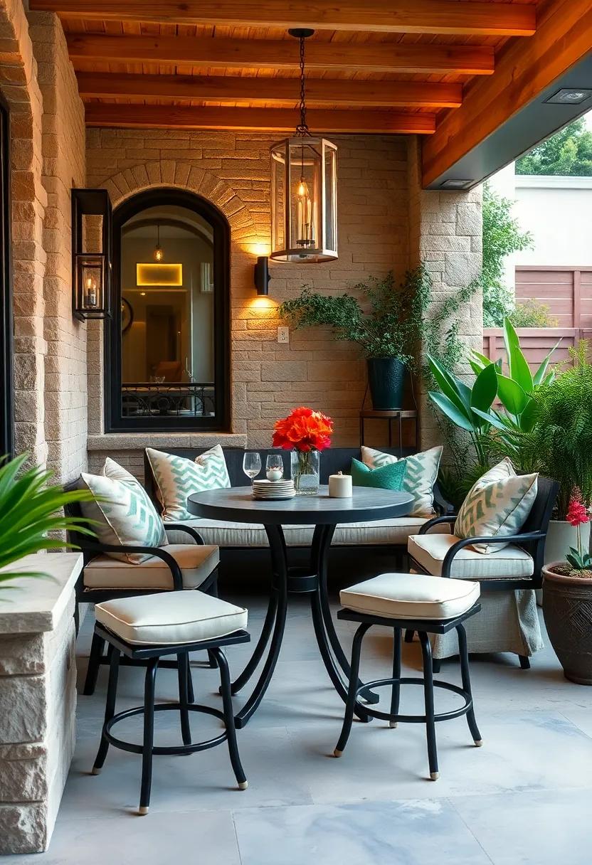 Enhance ⁣the⁤ intimate vibe‍ of your ​patio with a small round bar-height table surrounded by cushioned stools, creating an ⁢inviting setup for two