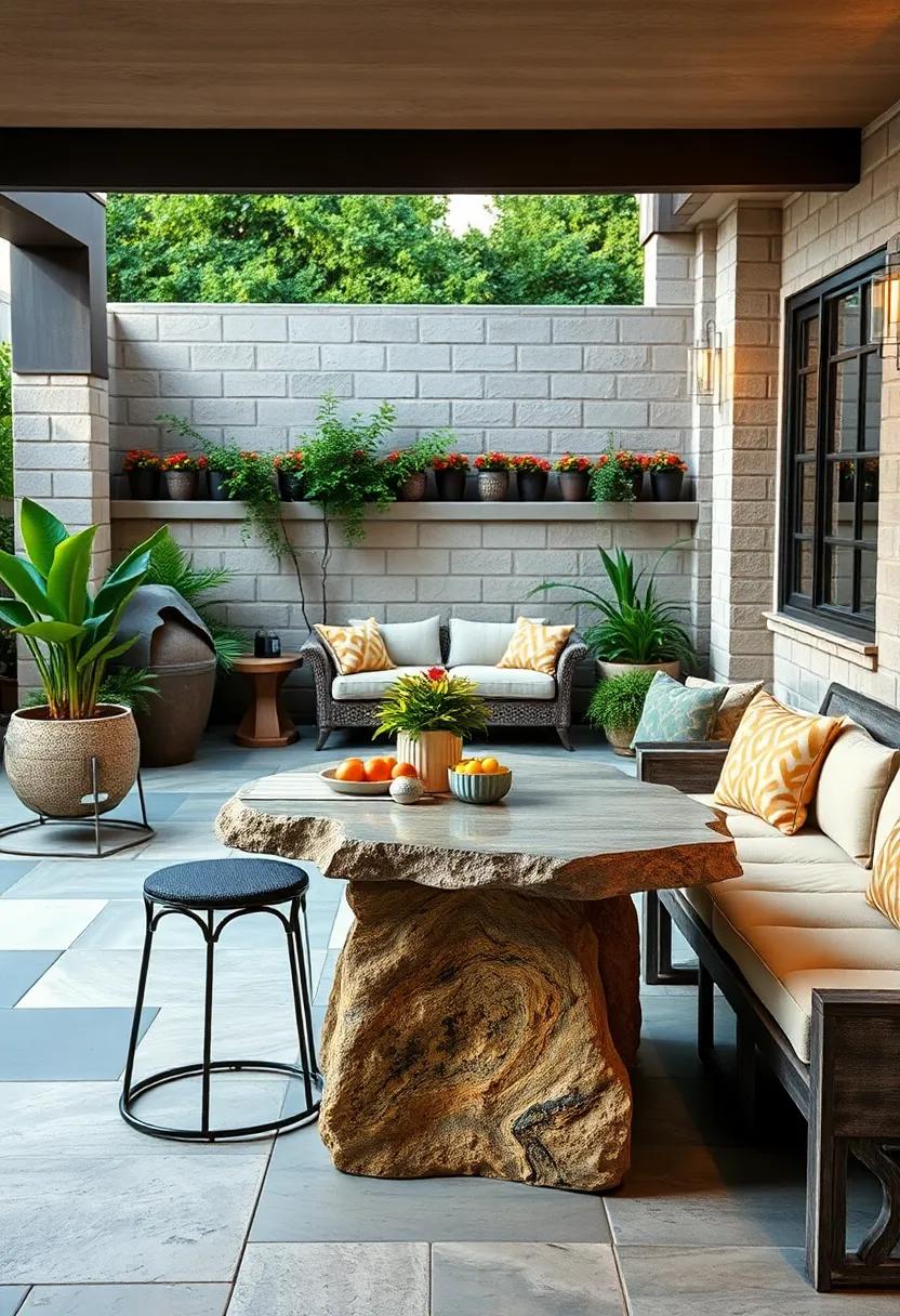 Explore the⁢ beauty of natural materials with an ⁤organically shaped stone bar-height table combined with rustic metal stools for a unique dining experience