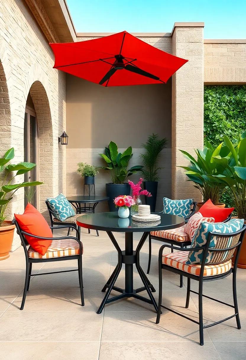 Highlight a vibrant theme with a bold-colored bar-height table, complemented by patterned cushions for a fun and ​lively dining experience