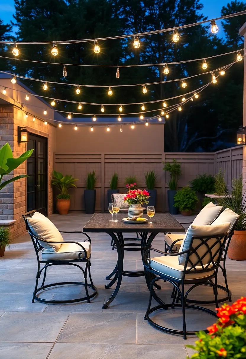 Set the mood with a bar-height ‍dining setup under string lights, ⁣featuring a chic metal table and high-backed cushioned ⁤chairs for comfortable dining⁢ under the stars