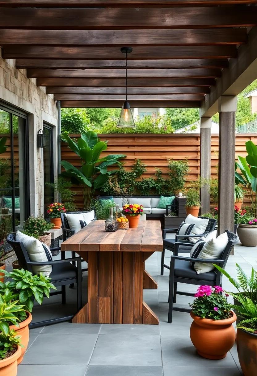 Transform⁤ your ‍patio into⁣ a garden oasis with a bar-height table made from reclaimed wood ​surrounded by lush greenery and colorful ‌flower pots