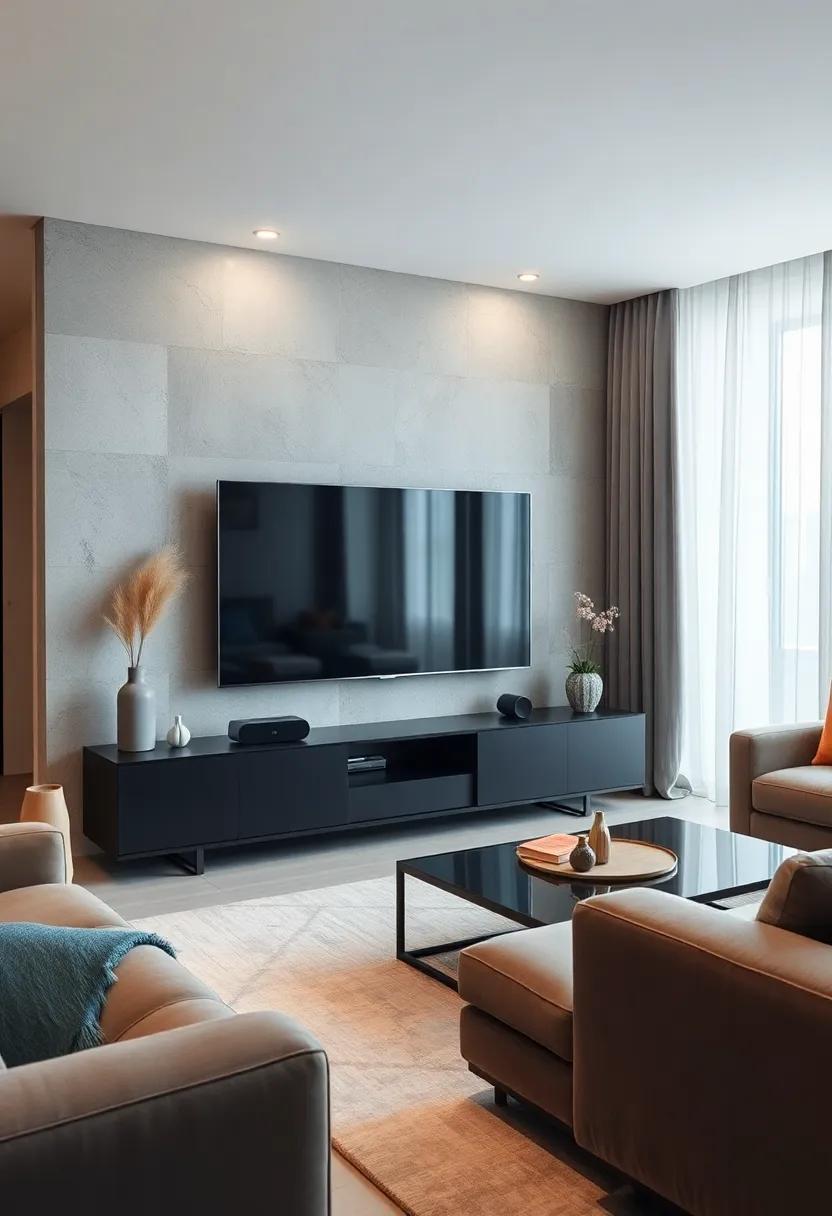 Modern Minimalism: A sleek black TV unit with ‍integrated⁤ soundbars that harmonize perfectly with your contemporary ⁣decor while delivering exceptional audio quality