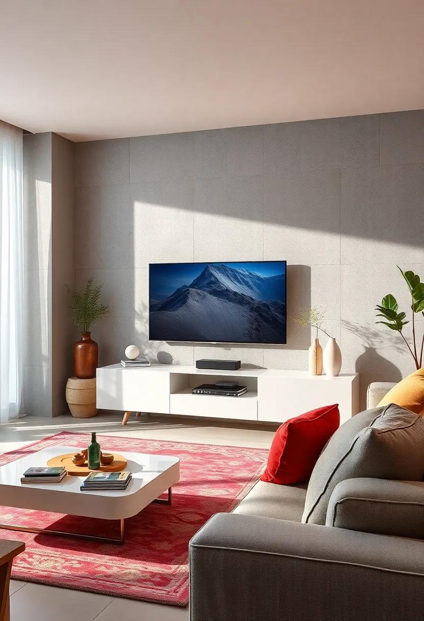 Sleek and Chic: A glossy white TV unit ⁤with hidden speakers, offering a clean look​ that blends effortlessly with any ⁢color​ scheme in your⁢ living ⁢room