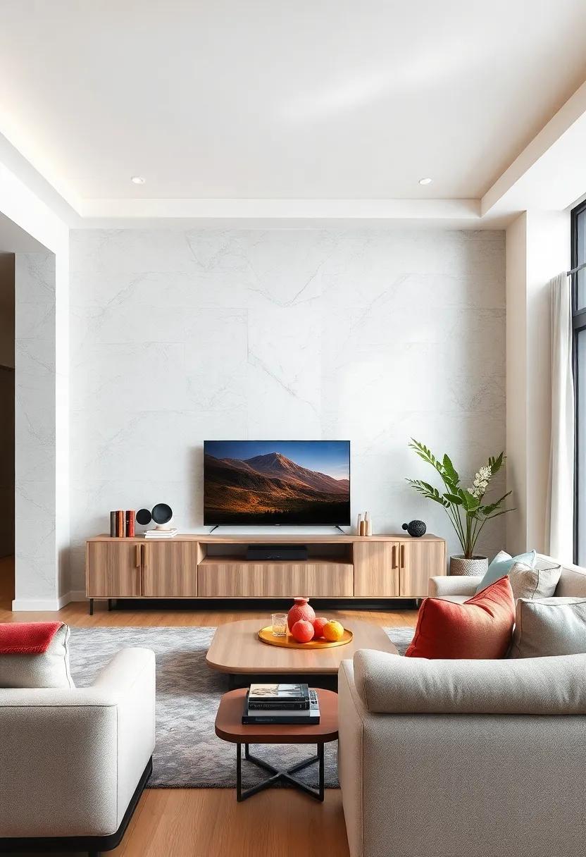 Smart Storage: An elegant media​ console with built-in​ surround sound speakers, designed​ to keep your ‍gadgets organized while providing an immersive‍ audio experience