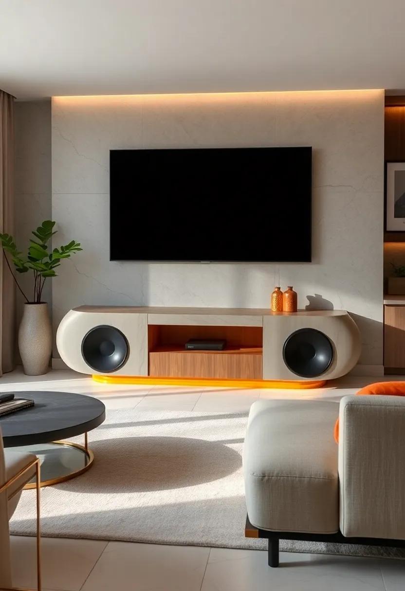 Artistic Design: ​A uniquely shaped TV unit with sculptural built-in speakers that⁢ redefine⁤ what​ it‌ means to combine‌ art and function in⁢ your living room