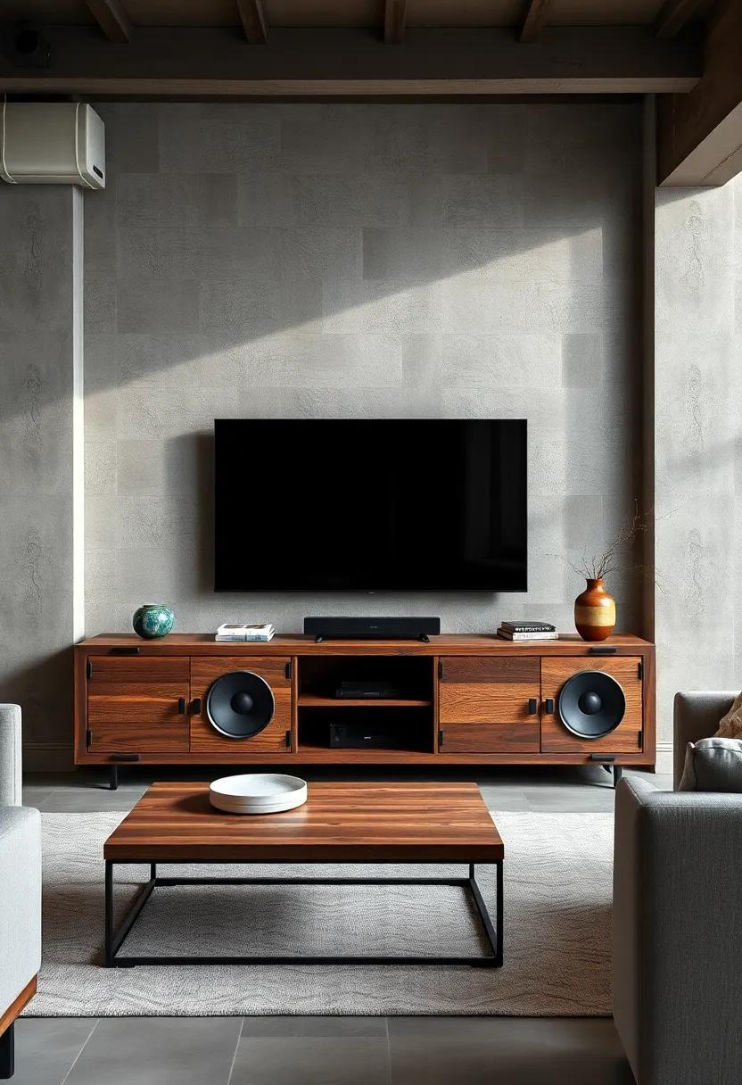 Urban Loft: A reclaimed​ wood TV‍ unit with​ industrial-style built-in speakers that pay homage to warehouse chic while maintaining a⁢ modern elegance