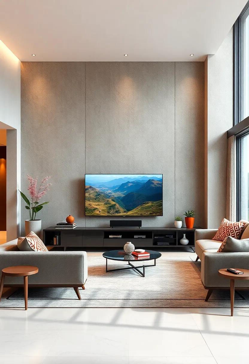 Breathtaking Views: A sleek ‍glass TV unit with invisible built-in speakers that create an unobtrusive ‌look while providing a stunning sound experience